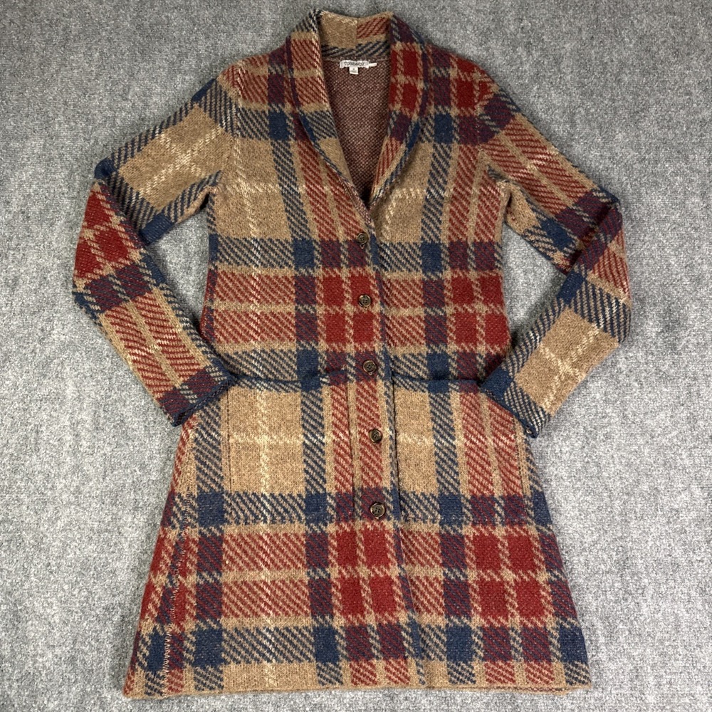 Toad&Co Womens Merino Lambswool Long Jacquard Cardigan Plaid Shawl Collar Size S
